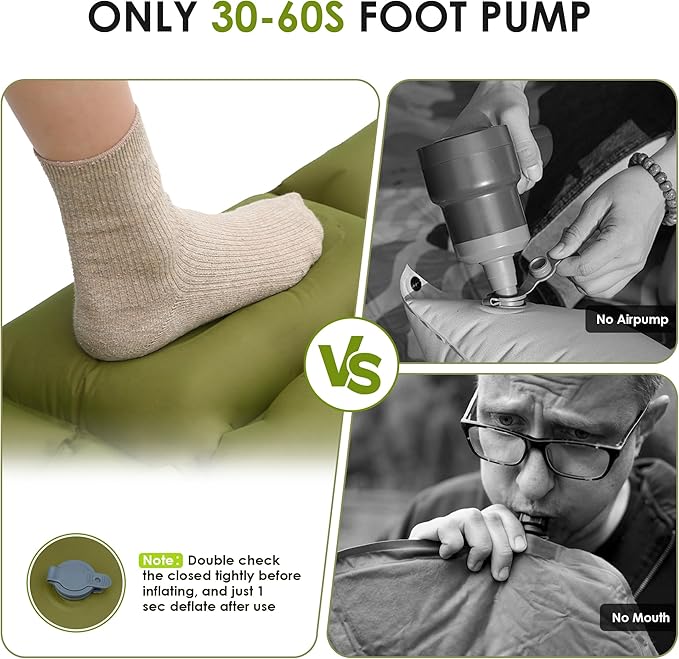 Self Inflating Sleeping Pad for Camping, Portable 4" Extra-Thick Camping Cots for Adults with Pillows & Built-in Foot Pump, Ultralight Camping Mattress for Tent Hiking Essentials Gear (Green, Single)