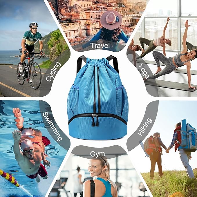 Hoedia Sports Drawstring Backpack - String Swim Gym Bag with Shoes Compartment and Wet Proof Pocket for Women/Men (Sky Blue)