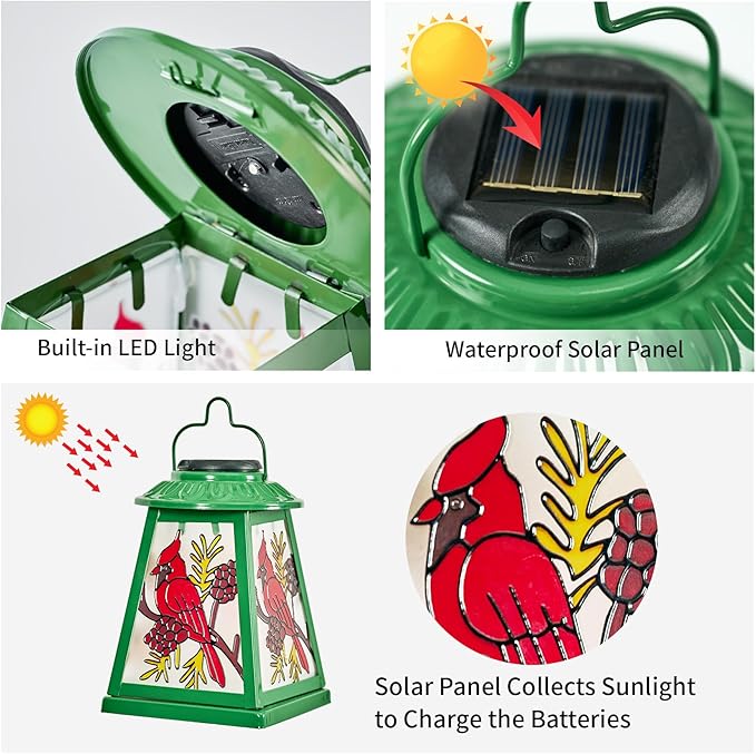 Solar Lantern with Shepherd Hook, Cardinal Hanging Solar Lantern Light, Outdoor Waterproof Glass Lanterns Metal Decorative for Garden Patio Yard Pathway, Gifts for Mom Women, Cardinal