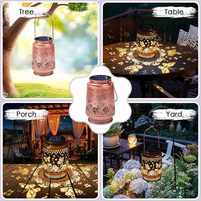 Butterfly Outdoor Solar Lanterns Decor, Nelyeqwo Waterproof Hanging Solar Lights Gifts for Women Men Metal Lantern Decor for Garden Patio Lawn Porch Backyard Tabletop Pathway Landscape