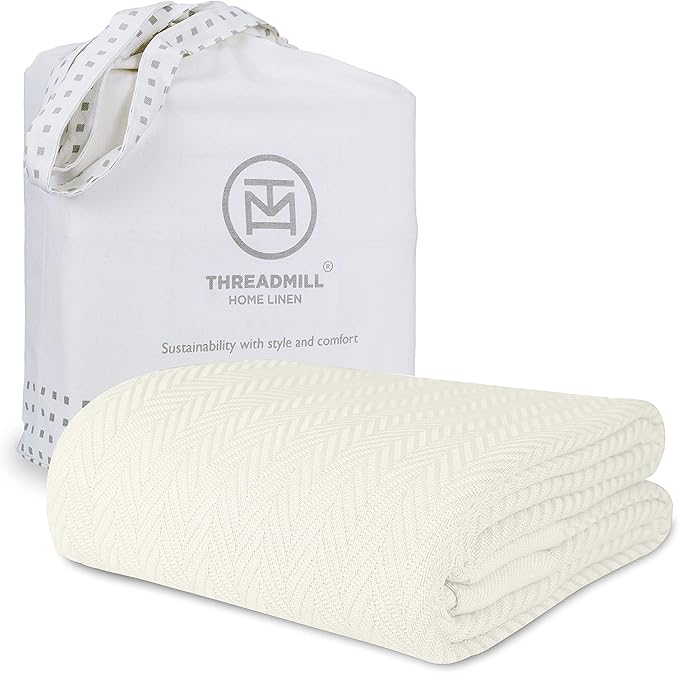 Threadmill Luxury Cotton Blankets for King Size Bed | All-Season Cozy 100% Cotton King Size Blanket | Herringbone Soft Fall Thermal Blanket fits Cal King Size Bed | Tusk White