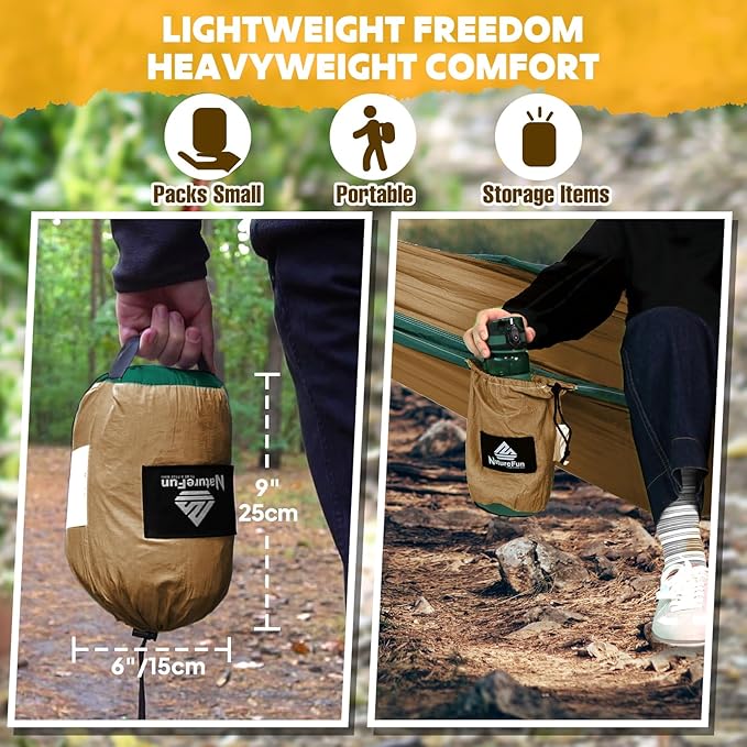 NATUREFUN Ultra-Light Travel Camping Hammock | 300kg Load Capacity,Breathable,Quick-Drying | 2 x Premium Carabiners,2 x Nylon Slings Included | Outdoor Indoor Garden