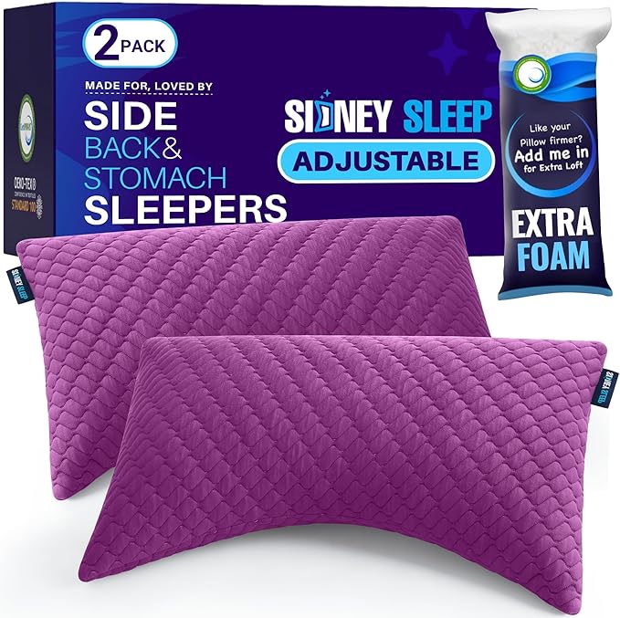 Sidney Sleep Set of 2 Queen Size Bed Pillows for Side and Back Sleepers - Adjustable Filling - Memory Foam Pillows for Neck and Shoulder Pain - Customizable Loft - Extra Foam Included (Magenta)