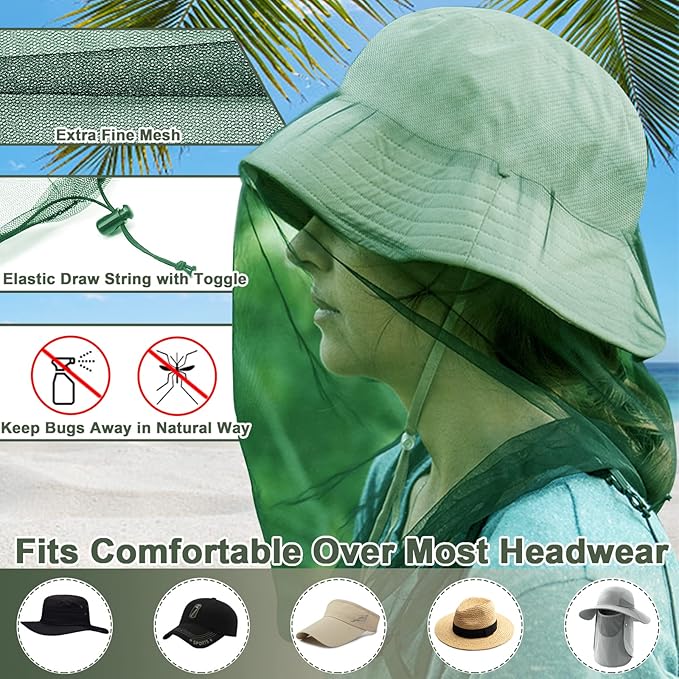 Benvo Mosquito Head Net Mesh, Face Neck Fly Netting Hood from Bugs Gnats Noseeums Screen Net for Any Outdoor Lover- with Carry Bags Fits Most Sizes of Hats Caps (2pcs, Olive, Updated Big Net)