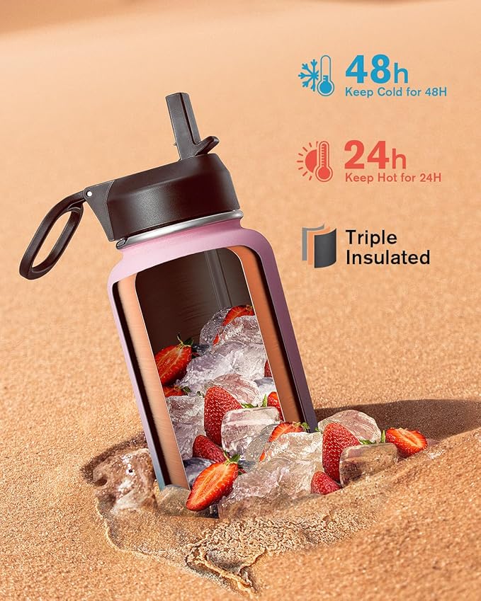 32 oz Insulated Water Bottle with Straw&3 Lids, Coolflask Stainless Steel Metal Flask Wide Mouth for Sports or Office, Non-BPA Keep Cold Up to 48 Hrs or Hot Up to 24 Hrs, Bubblegum Princess