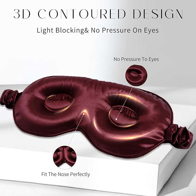 100% 22 Momme Mulberry Silk Sleep Mask, Eye Cover for Sleeping, Blackout 3D Sleep Masks for Lash Extensions with Adjustable Strap for Men and Women (Burgundy)