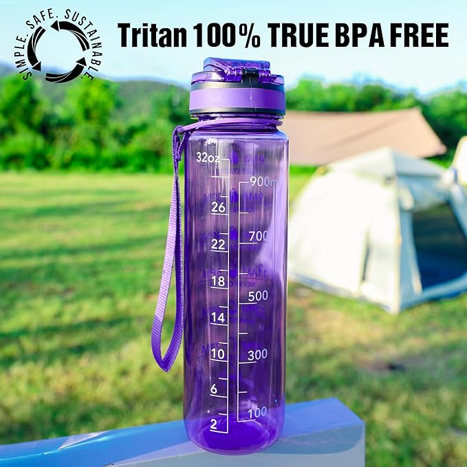 OLDLEY Water Bottle, 32oz Motivational Sports Water Bottle with Time Marker - Times to Drink - Tritan, BPA Free, Wide Mouth Leakproof, Deep Purple (1 Bottle)