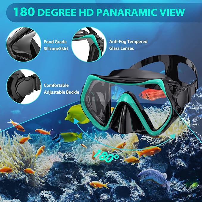 Snorkeling Gear for Adults, Mask Fin Snorkel Set, Dry Top Snorkel, Snorkeling Kit Travel Diving Package, Panoramic View Anti-Fog Anti-Leak Adjustable Swim Fins