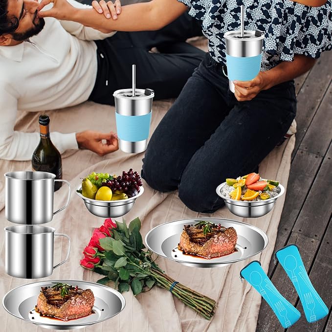 Camping Mess Kit Camping Dishes Set Stainless Steel Tableware Mess Kit Includes Plate Bowl Cup Spoon Fork Knife in Mesh Bags for Camping Backpacking & Hiking for 2 Person