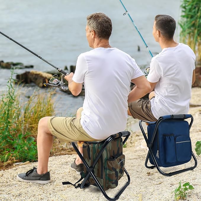 Heavy Duty 350lbs Backpack Cooler Chair for Adults, Folding Camp Stool with Cooler for Fishing, Camouflage