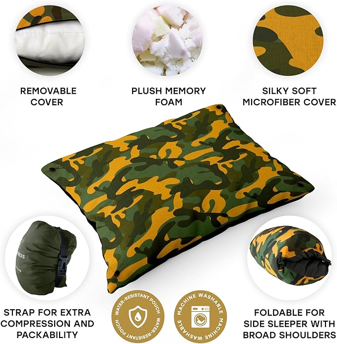 Small Backpacking Camping Pillow | Camp Pillow w/Machine-Washable Cover | Packable Travel Pillow w/Pouch + Strap | Hammock Pillow | Hiking Pillow | Camping Gear & Accessories