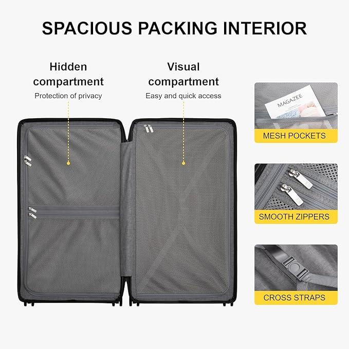 LEVEL8 Trunk Luggages, Large Suitcase 28 Inch Luggage with Spinner Wheels, Luminous Textured Checked Lightweight Hard Shell with Tsa Lock, Black