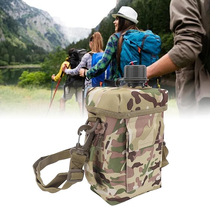 Zunate Outdoor Water Bottle - 2L Portable Water Canteen with Waist Bag, Multi Fuctional PVC Flat Camping Water Bottle for Surplus or Bushcraft Gear (CP)