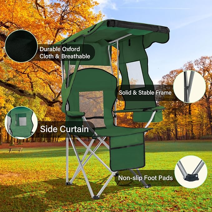 PLKO Camping Chairs with Canopy, Portable Quad Lawn Chair for Adults, Folding Recliner Chair with Cup Holder Outdoor Events and Shade- Support 330 LBS