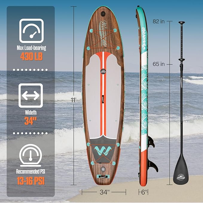 11'6"x35"x6" Wood Grain Stand Up Paddle Board Inflatable, Portable SUP Paddleboard with Complete Accessories, Camera Mount and 10L Dry Bag,Extra Wide Blow Up Paddle Board for Adults Youth Family