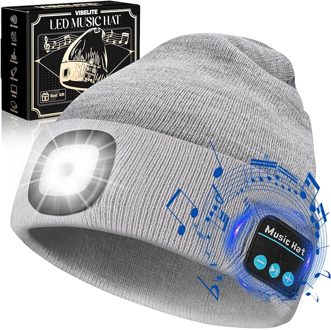 VIBELITE Bluetooth Beanie Hat with Light, USB Rechargeable LED Headlamp with Wireless Headphones, Gifts for Men, Him, Husband, Boyfriend, Grey