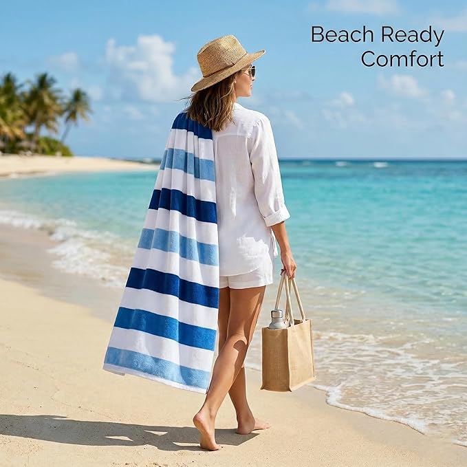 Premium Velour Cabana Beach Towel 4 Pack, 30” x 60” Soft Plush Cotton Pool Towel, Absorbent Quick Dry Towel for Beach and Pool (Riviera Stripe)