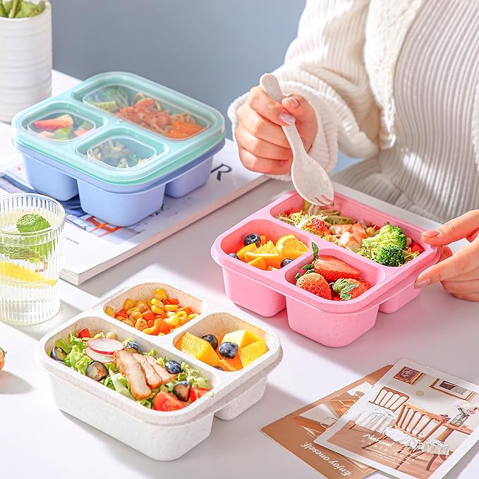 TOUWMX Bento Box For Kids, 4 Pack 3 Compartments Meal Prep Containers Reusable Lunch Containers, Food Storage Containers With Lids, Stackable Snack Boxes for School, Work, and Travel