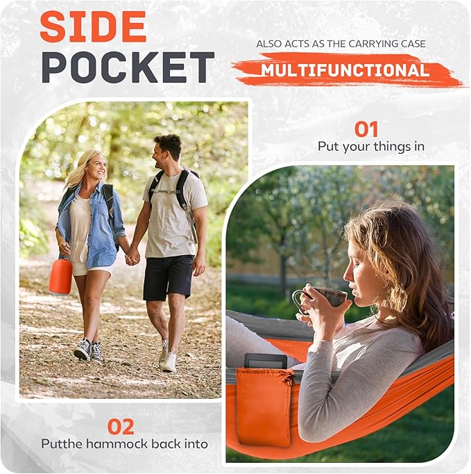 Camping Hammock Lightweight, Portable Hammocks Parachute Hammock with Two Tree Straps, Single or Double Travel Swing Nylon Camp Hammocks, Outdoor Essentials for Beach Backpacking Hiking, Orange