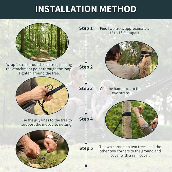 Camping Hammock with Net,Portable Lightweight Double Hammocks with Tree Straps and Solid D-Shape Carabiners,Parachute Nylon Hammock for Backpacking Beach Backyard Patio Hiking Black&Grey