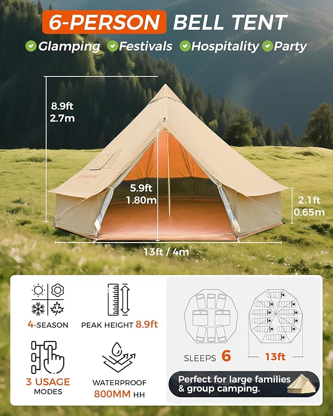 KingCamp Canvas Bell Yurt Tents, 4 Seasons Large Waterproof & Windproof Luxury Glamping Tent w/Stove Jack for Family Outdoor Camping, Hunting, Parties