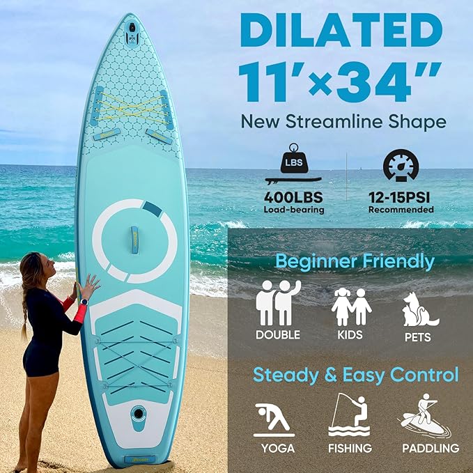 Inflatable Paddle Board,Stand Up Paddle Board Set, Extra Wide SUP Board with Removable Fin, Floating Paddle, Hand Pump, Waterproof Phone Pouch,Traveling Board
