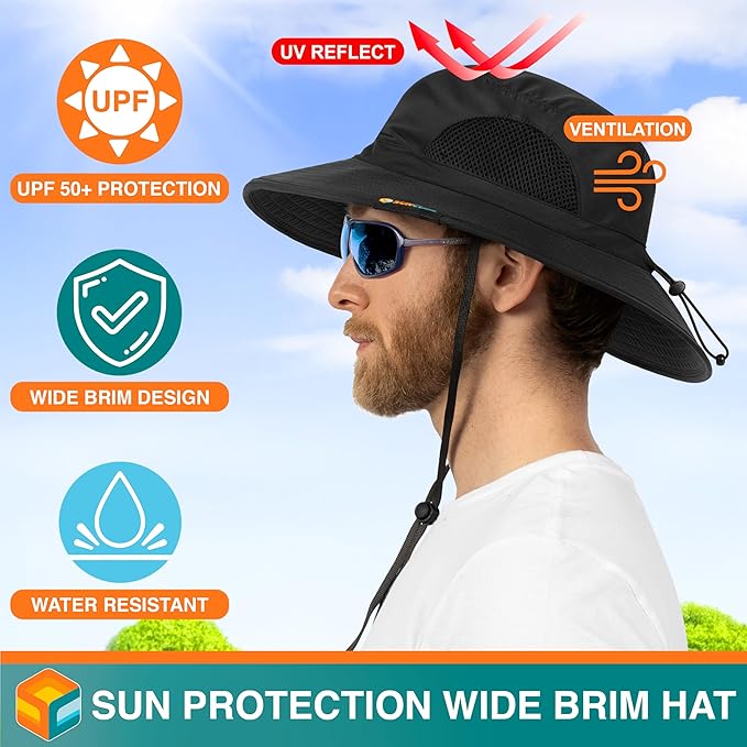 SUN CUBE Wide Brim Sun Hat Men Women, Fishing Hats Sun UV Protection, Mens Hiking Bucket Hat Safari Beach Boonie, UPF 50+