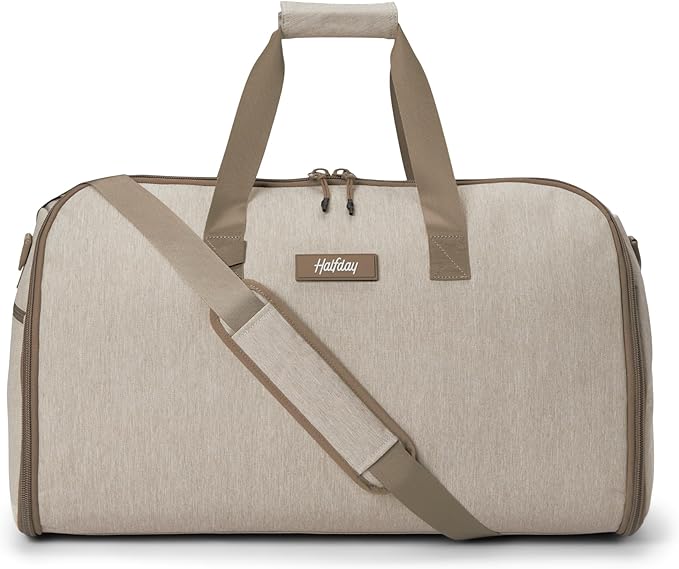 Halfday Convertible 2-in-1 Garment Duffel Weekender Bag 40L: Wrinkle-Free Travel (Hanging Suit Compartment, Shoe Pockets, Trolley Sleeve), Durable & Water-Resistant Carry-on, Stone