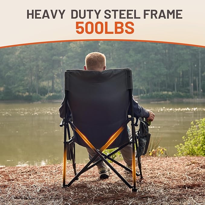 TIMBER RIDGE Oversized Heated Camping Chair for Outdoor Sports, High Back Padded Lawn Chair for Adults Support Up to 500lbs with Cup Holder, Side Pocket(Power Bank not Included)