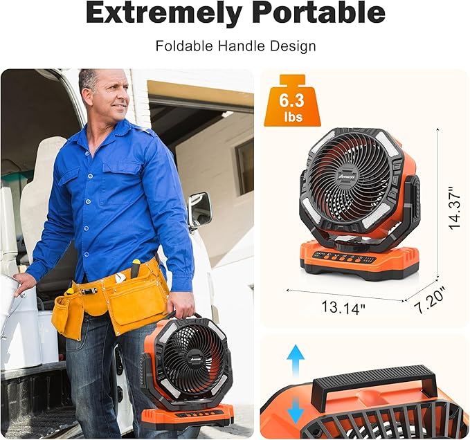 AMACOOL 20000mAh Rechargeable Camping Fan, Battery Operated Fan with Light, 68Hrs Work Time, 4 Speed, Auto Oscillating Outdoor Fans with Hook for Tent RV Car Travel Emergency Power Outages