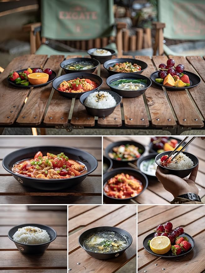 CAMPINGMOON 8pcs Camping Mess Kit Φ4.7"~Φ7" Bowls Plates Black BKS395-2S