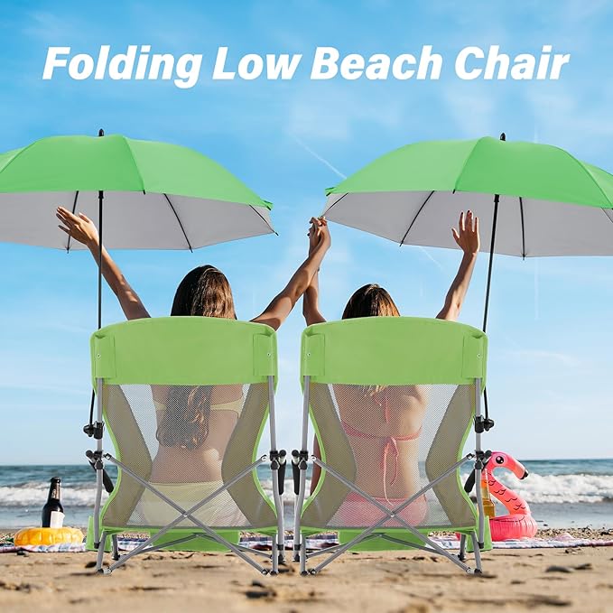 Homcosan Portable Low Folding Beach Chair with Detachable Umbrella - Lightweight Camping Chair for Adults with Cup Holder & Storage Pocket, Carry Bag Included (Green & Yellow)