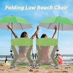 Homcosan Portable Low Folding Beach Chair with Detachable Umbrella - Lightweight Camping Chair for Adults with Cup Holder & Storage Pocket, Carry Bag Included (Green & Yellow)