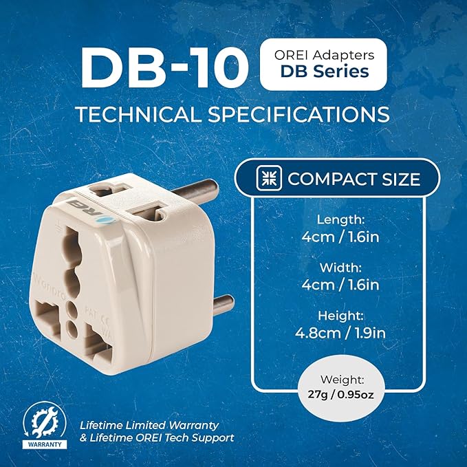 OREI World (USA, UK, China & More) to India (Type D) Travel Adapter Plug - 2 in 1 - CE Certified - RoHS Compliant - 4 Pack - White Color (DB-10-4PK) (Beige)