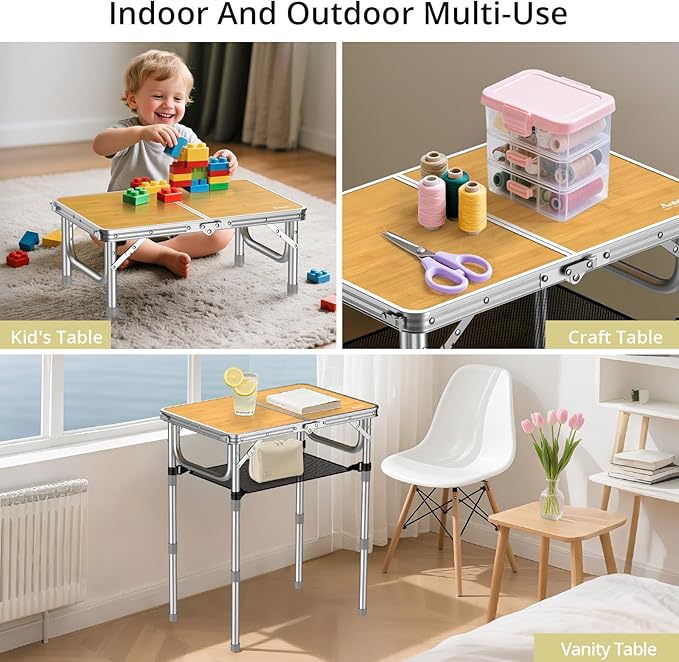 2ft Camping Table Foldable, 3 Adjustable Heights High 27.5" Aluminum Small Folding Table with Carrying Handle, Portable, for Outdoor Indoor Picnic Beach BBQ Party Travel, 24" x 16", Yellow