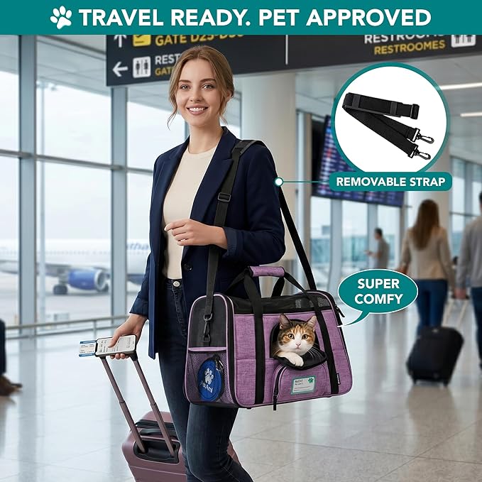 PetAmi Airline Approved Pet Carrier for Cats & Small Dogs, Soft Sided TSA Travel Carrier Bag with Sherpa Bed, Breathable Mesh Ventilation, Collapsible Bowl, Up to 18 lbs, Small Heather Purple