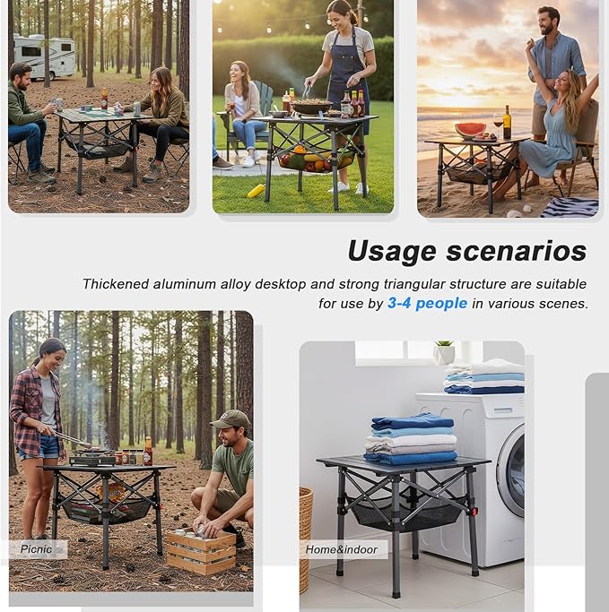 Folding Camping Table, Portable Lightweight Beach Tables for Sand Foldable, Aluminum Roll-up Folding Square Table for Outdoor Camping, Picnic, Card, Travel (Black with Storage Basket)