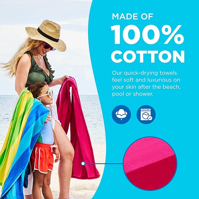 Kaufman - Soft Oversized Beach Towels in Bulk | 30" x 60" Velour Striped Beach Towel | Absorbent, Quick-Drying | 100% Cotton Thick Beach Towels (12-Pack)