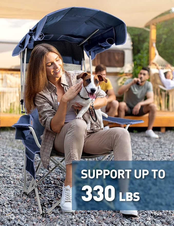 Beach Chair with Canopy Shade, Folding Camping Chair with Canopy with Cup Holder, Side Pocket for Camp, Beach, Tailgates, Fishing - Support 330 LBS