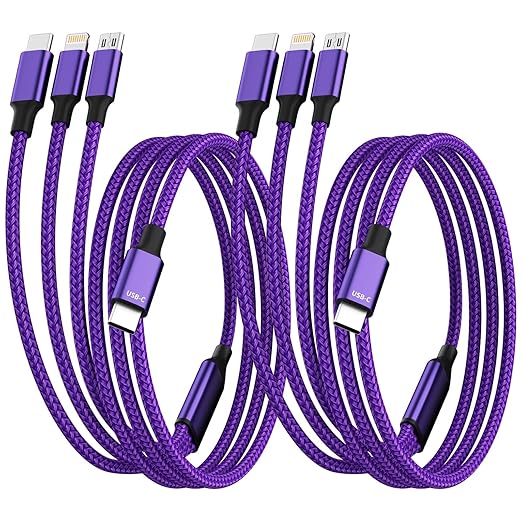 USB C Multi Charging Cable (2Pack 5FT), Nylon Braided 3 in 1 Charging Cable Multiple Charger Cord with Type-C/Micro USB and IP Port, Compatible with Most Cell Phones-Purple