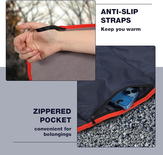 REDCAMP Large Waterproof Stadium Blanket with Hood for Cold Weather, Soft Warm Fleece Camping Blanket Windproof for Outdoor Sports, Dark Blue/Grey