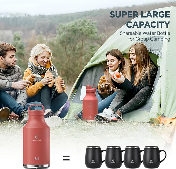 IDEUS Insulated Stainless Steel Water Bottle with 2 Leak-Proof Lids, Thermal Water Flask for Hiking Biking, 64oz, Red
