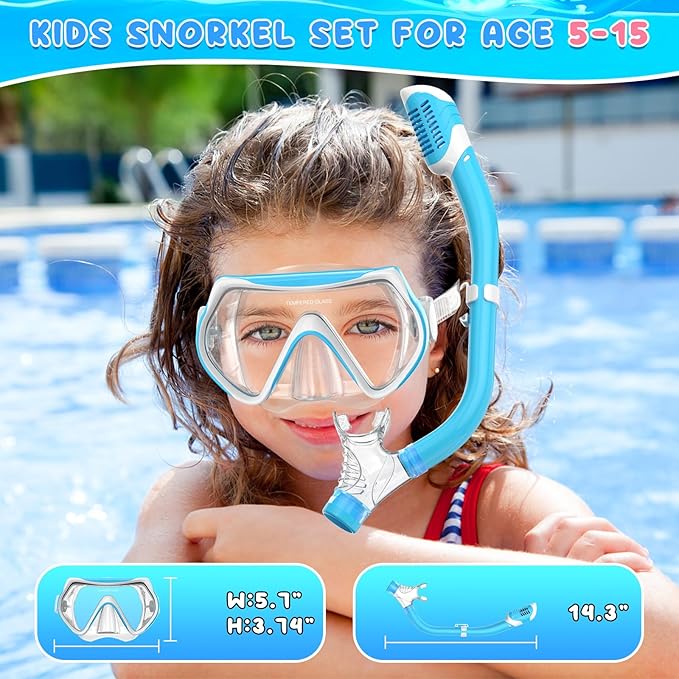 Snorkeling Gear for Kids, Kids Snorkel Set for Ages 6-14, Dry Top Snorkel, Mask Set Kid Swimming Goggles Diving Mask Combo Set Anti-Fog Panoramic View Scuba Packages
