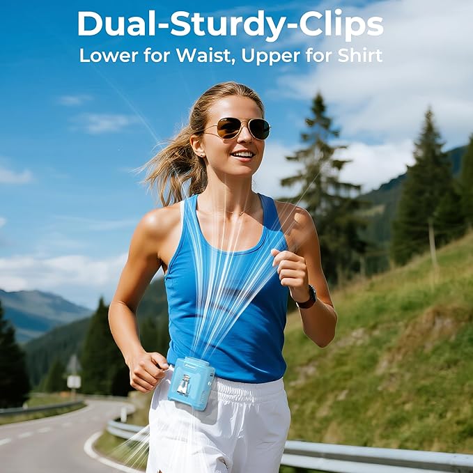 AMACOOL Portable Waist Fan Clip On, MAX 40H Work Time, 10000mAh Rechargeable Wearable Shirt Fan with Light, 16000RPM Powerful 5 Speed Belt Fans Personal Cooling Fans for Outdoor Jobsite Camping Travel