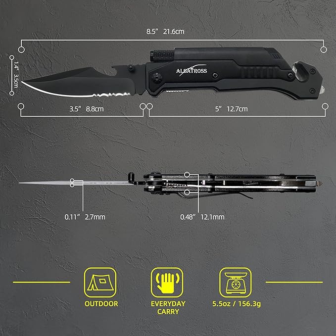 7-in-1 Tactical Survival Knife - Glass Breaker, Seatbelt Cutter, Serrated Steel Blade, Firestarter, LED Flashlight, Bottle Opener & Pouch | Military, Emergency, Outdoor Rescue Gear (Black)