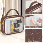 Wedama TSA Approved Toiletry Bag, 3 Pack Clear Makeup Bags with Handles, Quart Size PVC Clear Cosmetic Bags for Women and Men, Carry on Airport Airline Compliant Bag, Brown