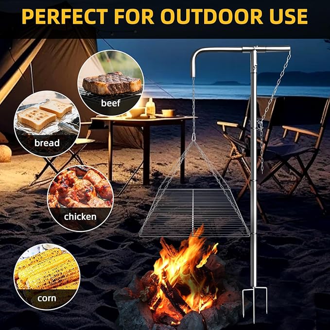 Stainless Steel Campfire Grill - Adjustable Height,360° Rotatable & Foldable Camp Fire Cooking Equipment,Heavy Duty Portable Outdoor Open Flame Grilling Rack for Camping