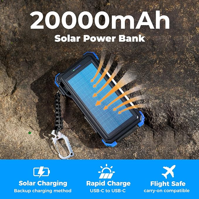 BLAVOR Solar Power Bank 20000mAh Built-in Cables, Wireless Charger for Apple Watch, 20W Fast Charging Battery Pack with USB C, Flashlight, Solar Charger for iPhone, iPad, iWatch, Samsung