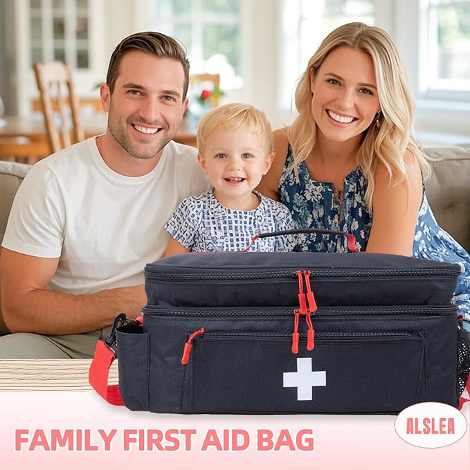 First Aid Bag Empty Large Medical Bag with Shoulder Strap 16”x 9.5” x 7” Medicine Organizer Travel First Aid kit Emergency Supplies Storage Bag for Car, Home, Office, Outdoor (Black)