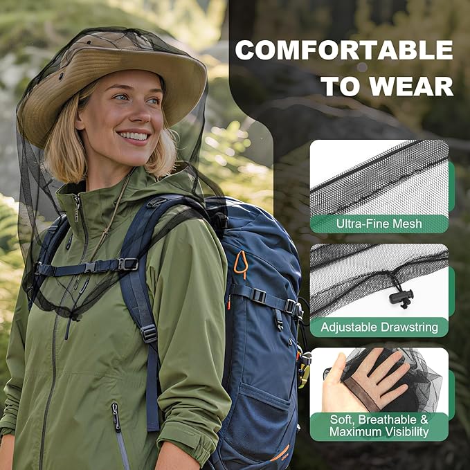 2 Pack Premium Mosquito Head Nets with Drawstring, Breathable Ultra Large Bug Net for Head, Mosquito Net Hat for Men and Women, Universal Fit for Hats, Essential for Outdoor Activities Black